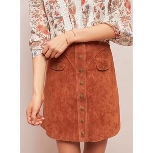 Anthropologie Brown Suede Leather Mini Skirt Size 6 Snap Front Western Festival